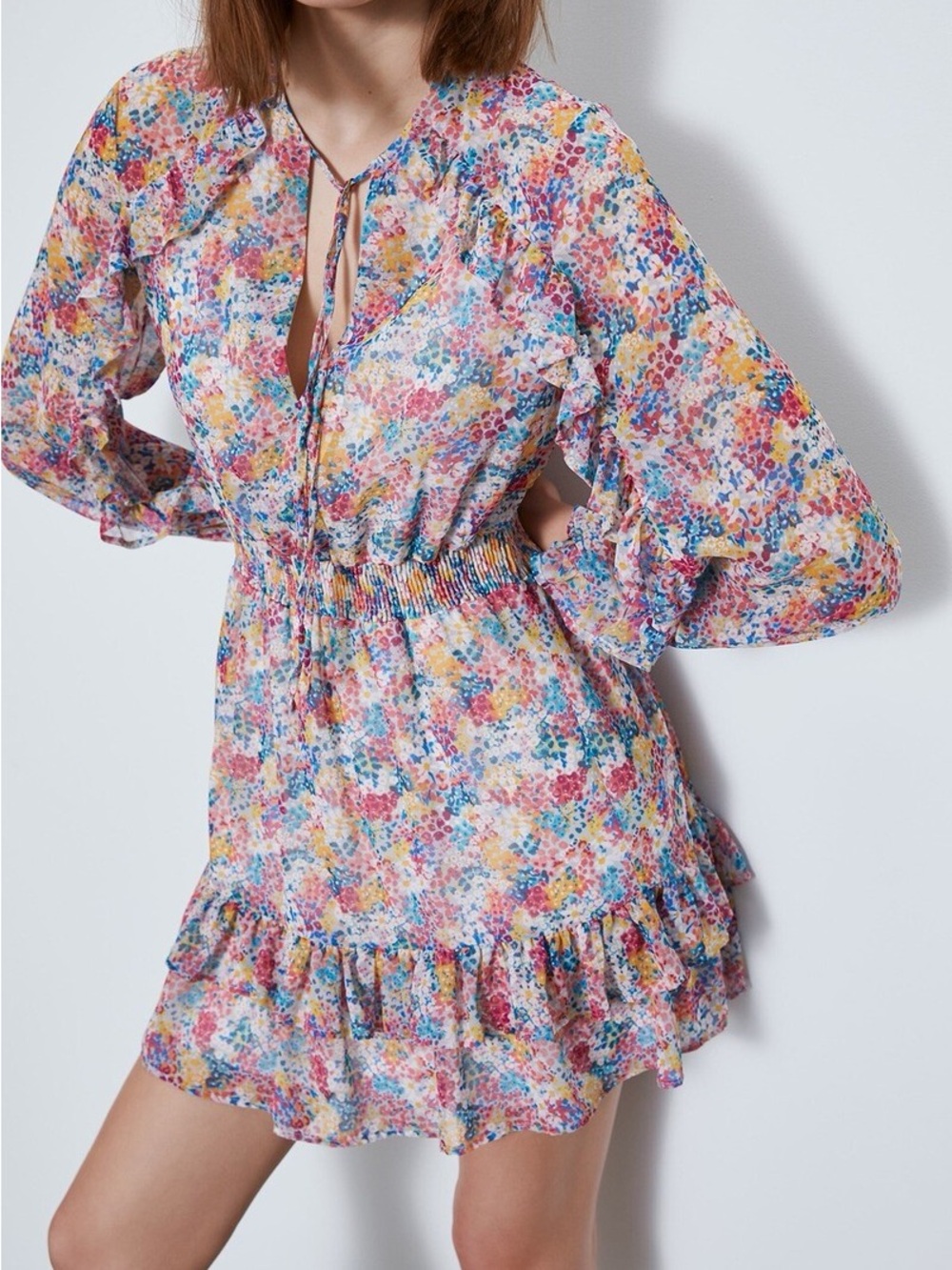 Zara Floral Ruffle Mini Dress in Multi-Color